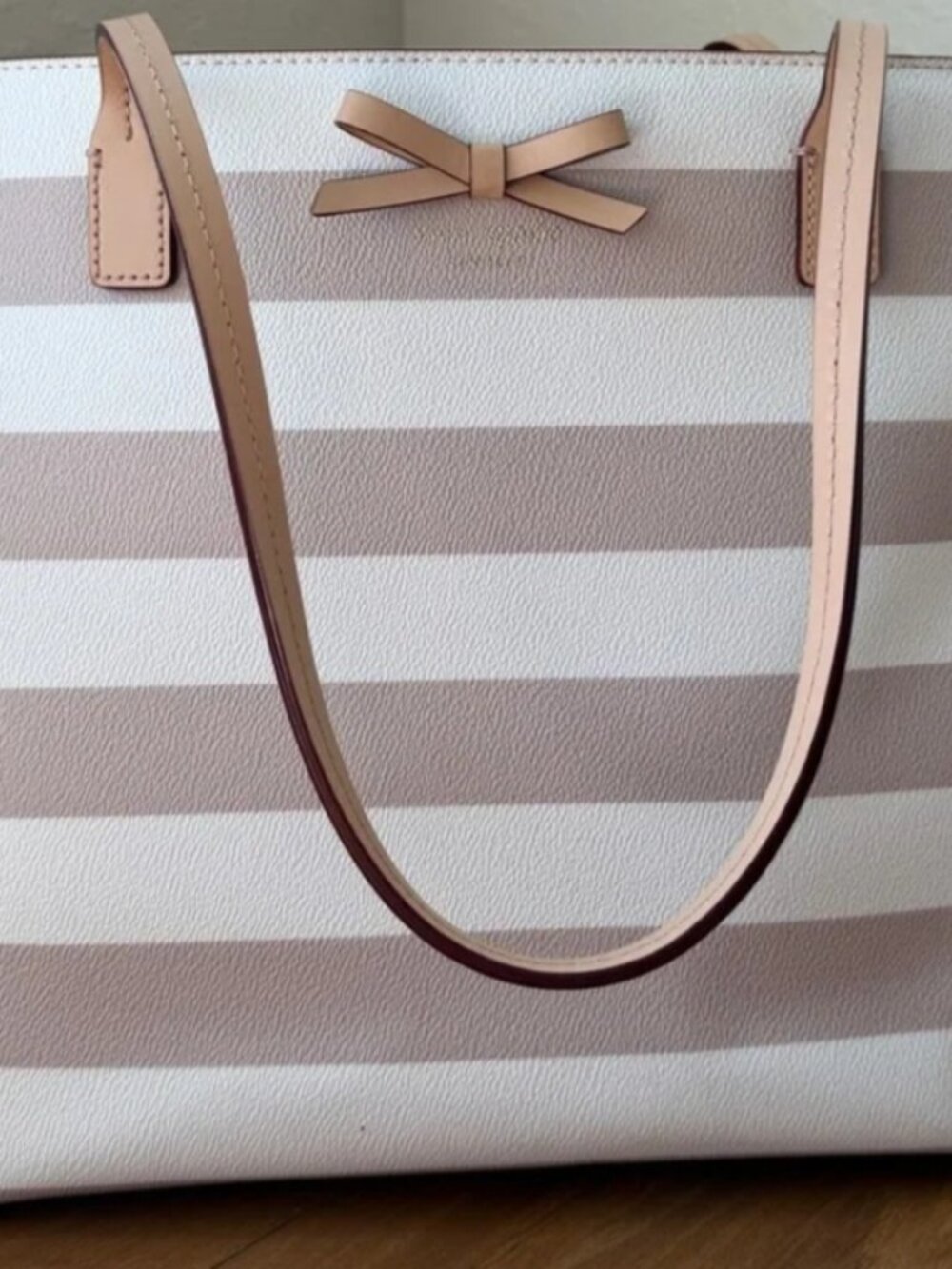 Kate Spade Striped Taupe & White Large Tote Bag with Bow Accent